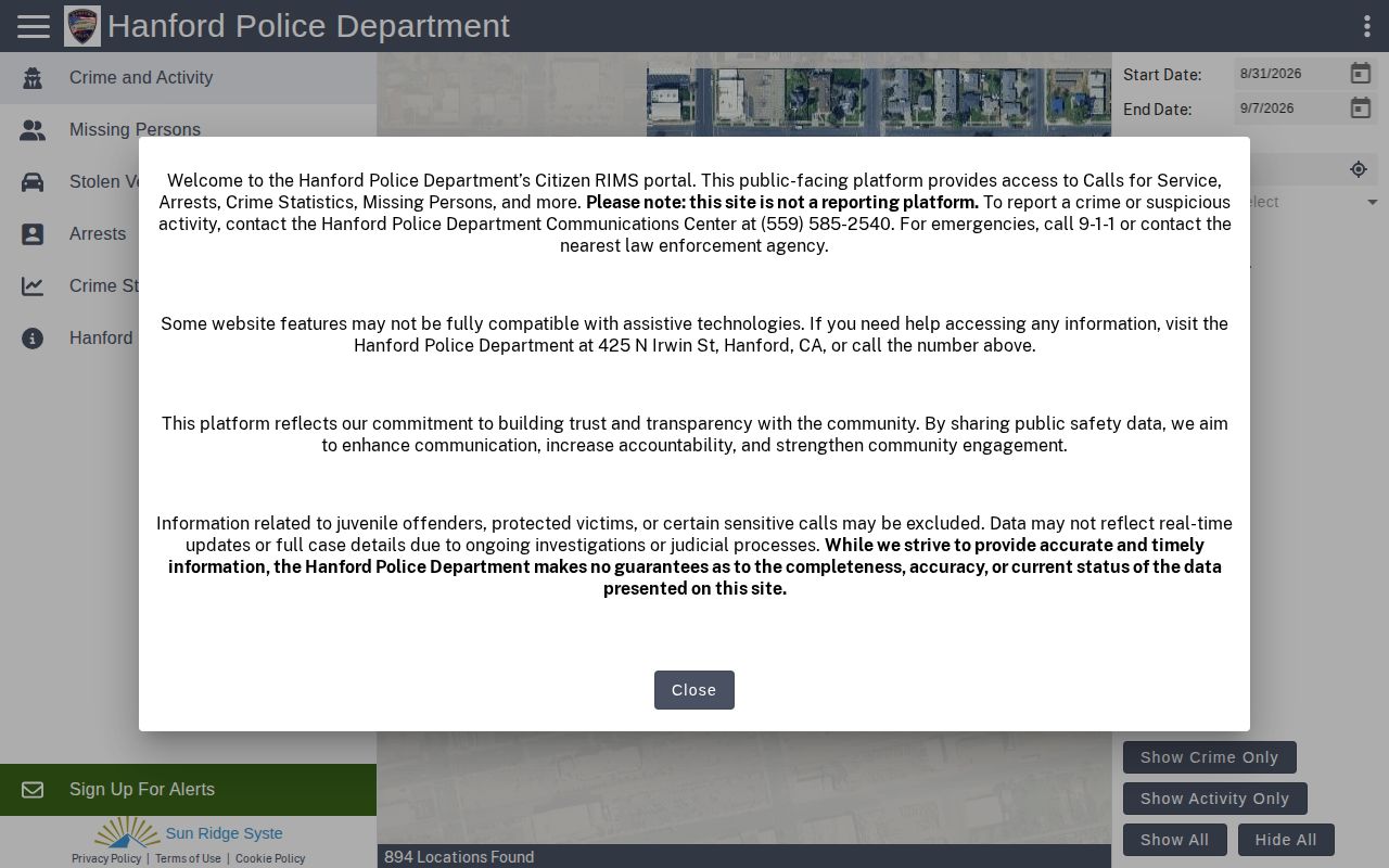 Hanford Citizen RIMS official arrest and crime data portal