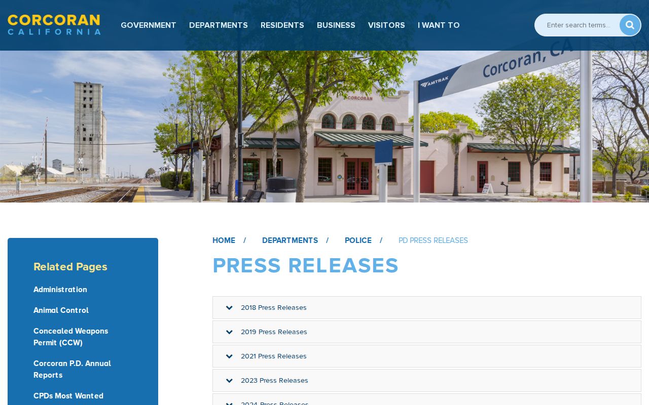 Corcoran Police Department press releases page for selected arrest announcements