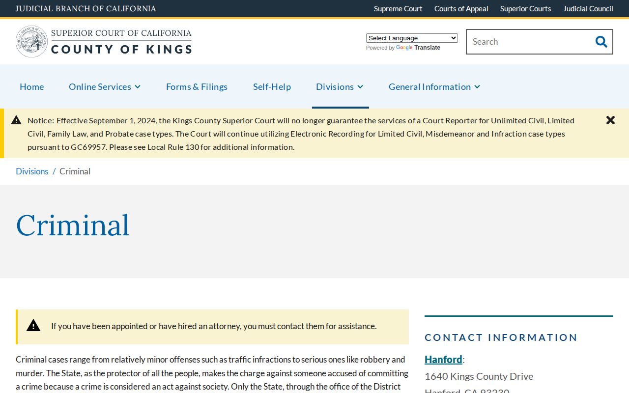 Kings County Superior Court Criminal Division page