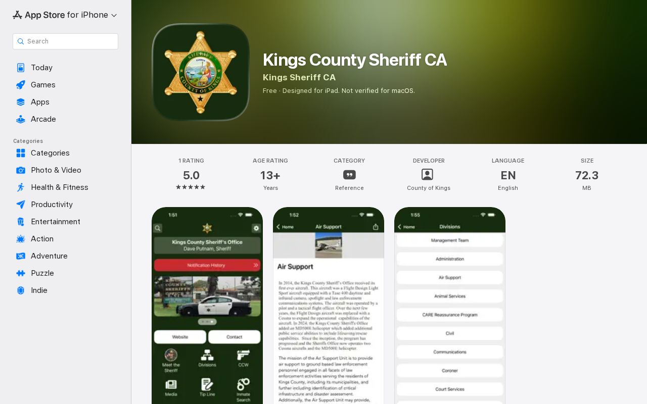 Official Kings County Sheriff CA app listing