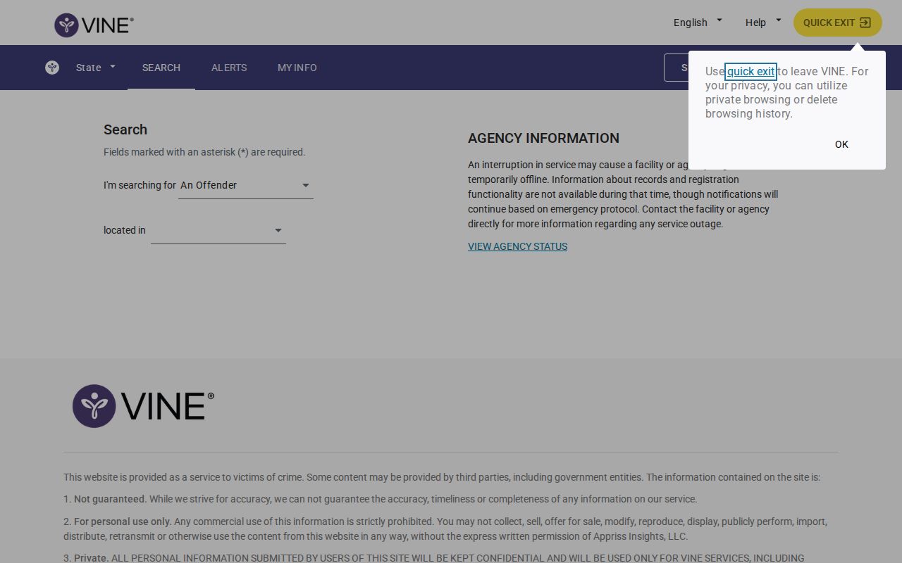 VINELink custody alert registration screen
