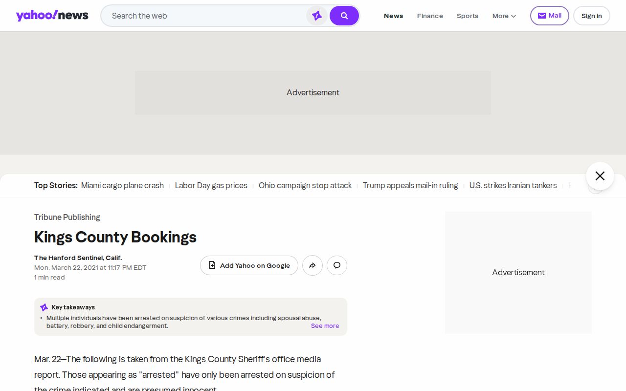 Syndicated Kings County Bookings news example